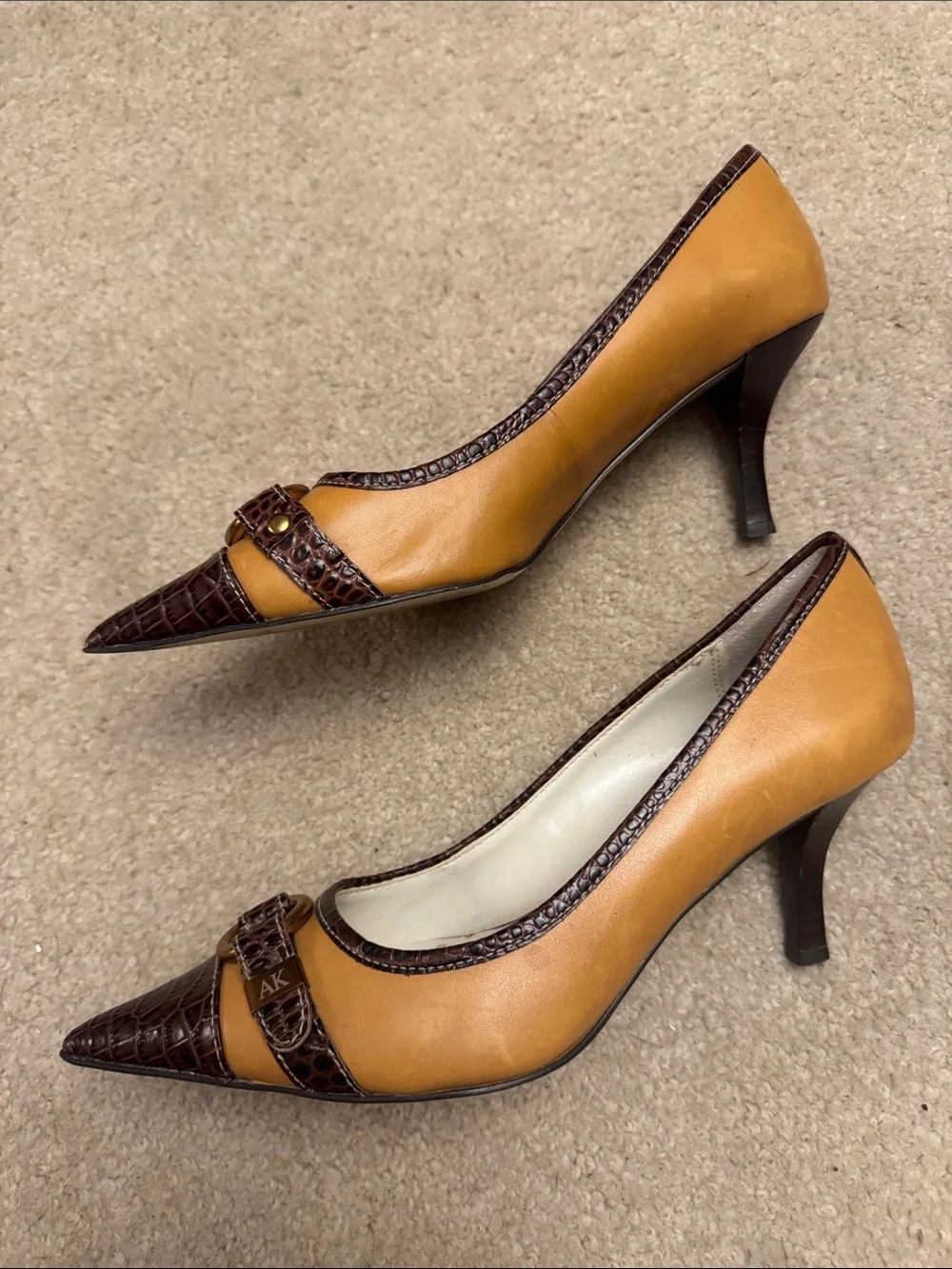 Anne Klein Mustard Yellow & Dark Brown Croc-Trim Pointed-Toe Pumps